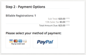 An example of collecting payments through credit cards or PayPal from an event registration plugin on a WordPress website.